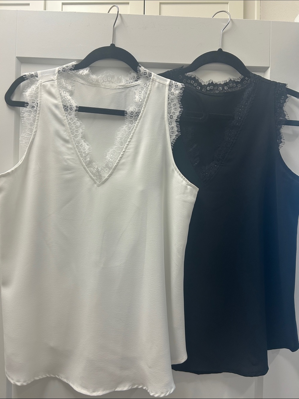 Lace Trim V-Neck Sleeveless Tank — White & Black (Set of 2)